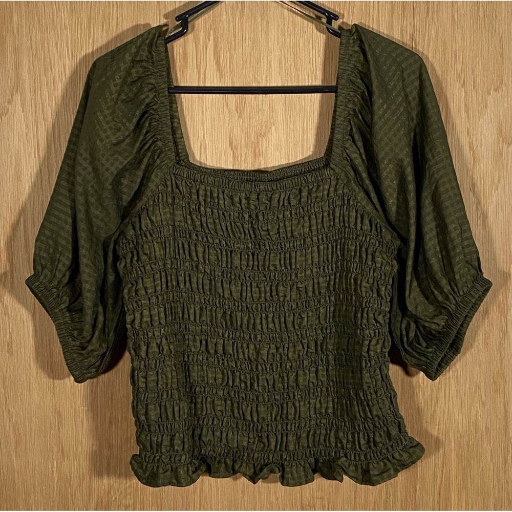 Old Navy Women's Lg Top Green Smocked Square Neck Puff Sleeve Milk Maid Cottage